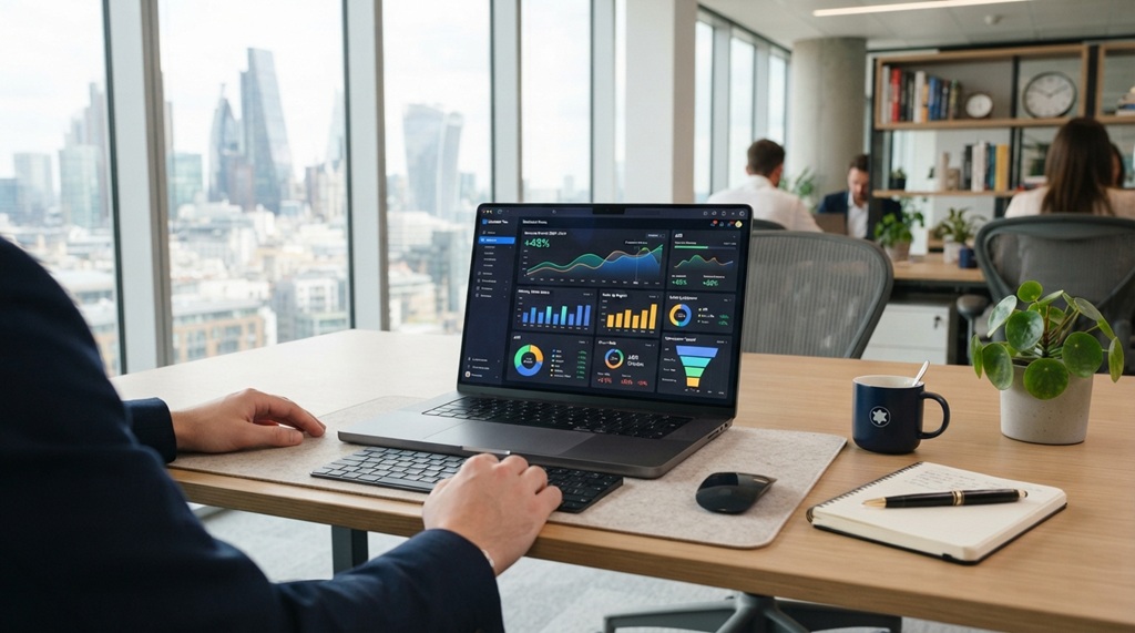 A laptop screen displaying colorful business analytics dashboards and software performance growth charts.