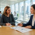 Professional woman discussing salary raise with manager in bright modern office.