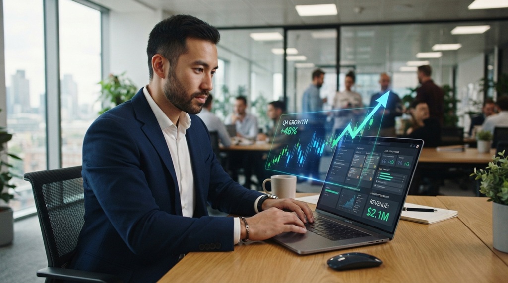 A male professional working on a laptop with an overlay of upward trending business analytics.