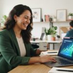 Small business owner reviewing upward sales growth on a laptop in a bright office.