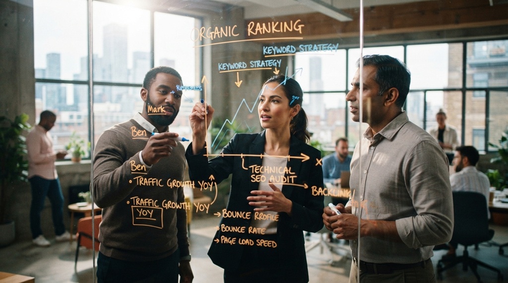 Two men and a woman reviewing modern SEO strategy graphs in an office.