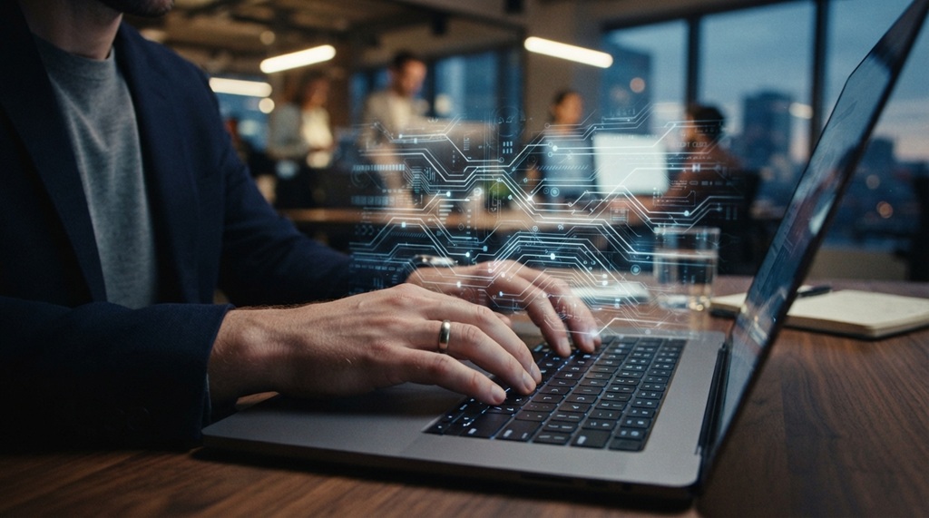 Hands of a male professional typing on a laptop with digital process visuals.