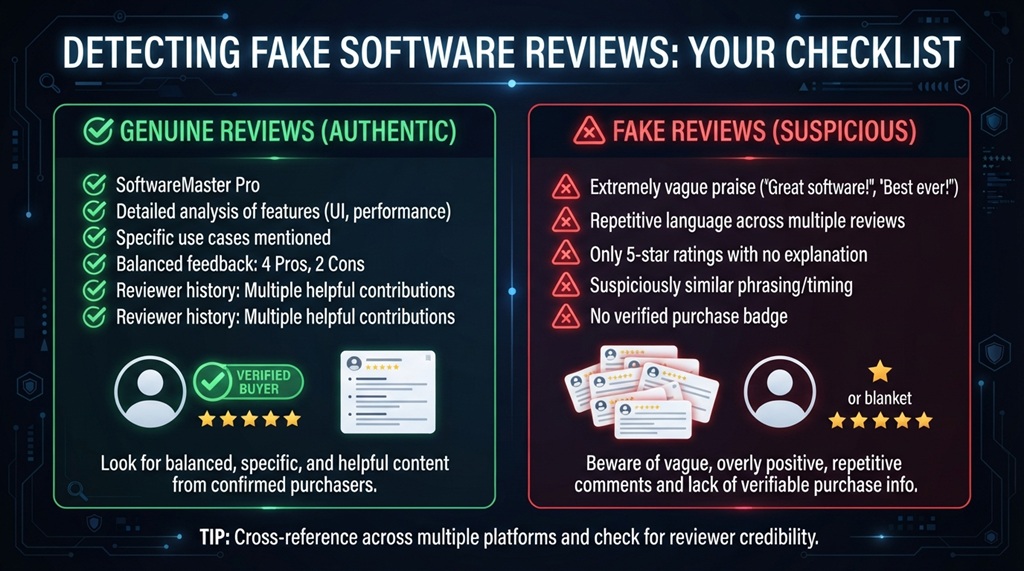 An infographic comparing genuine software feedback traits against generic fake ratings.