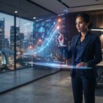 Business professional viewing glowing holographic tech trend growth charts in modern office.