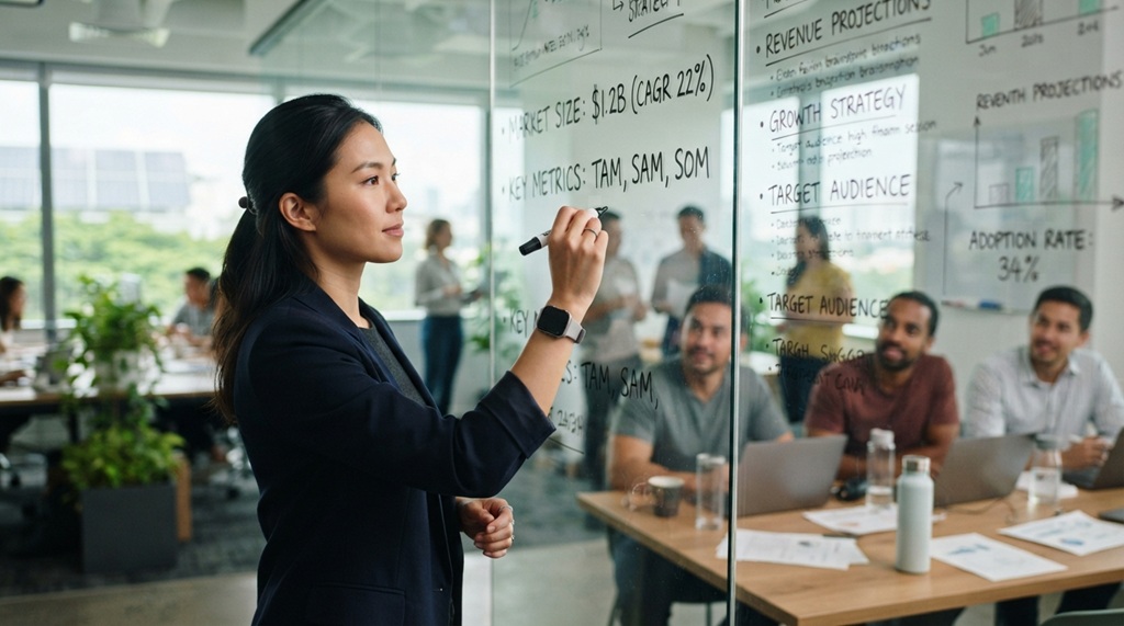 Startup founder writing growth metrics on a glass wall during a planning session.