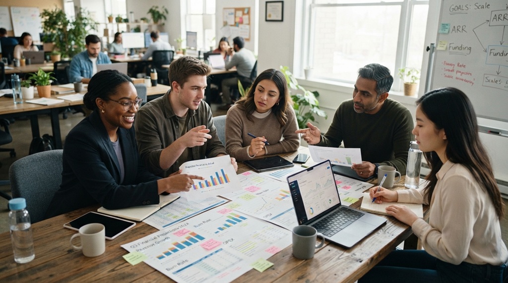 Diverse startup team reviewing financial projection reports around a modern conference table.