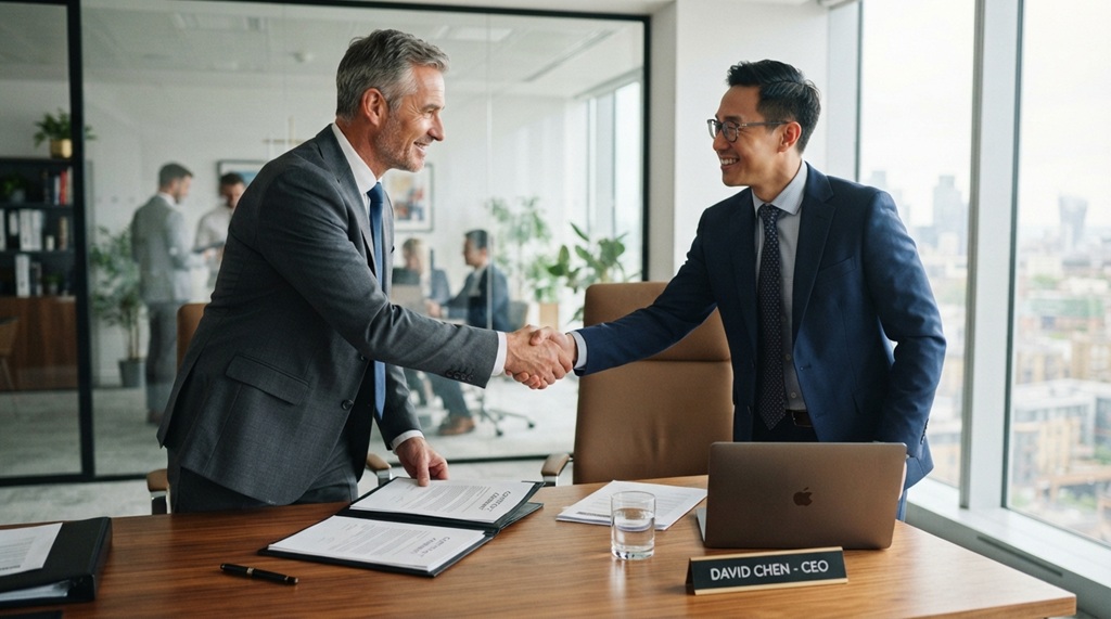 Businessman smiling while shaking hands across office desk after meeting.