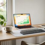 A laptop on a wooden desk displaying a rising green financial growth chart.