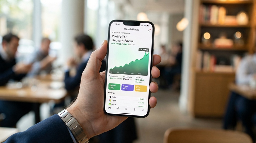 A hand holding a smartphone displaying an investment portfolio balance and dividend chart.