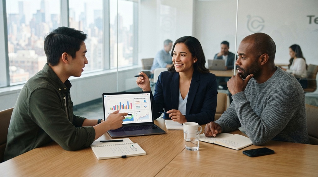 Two men and one woman analyzing software options together on a laptop.