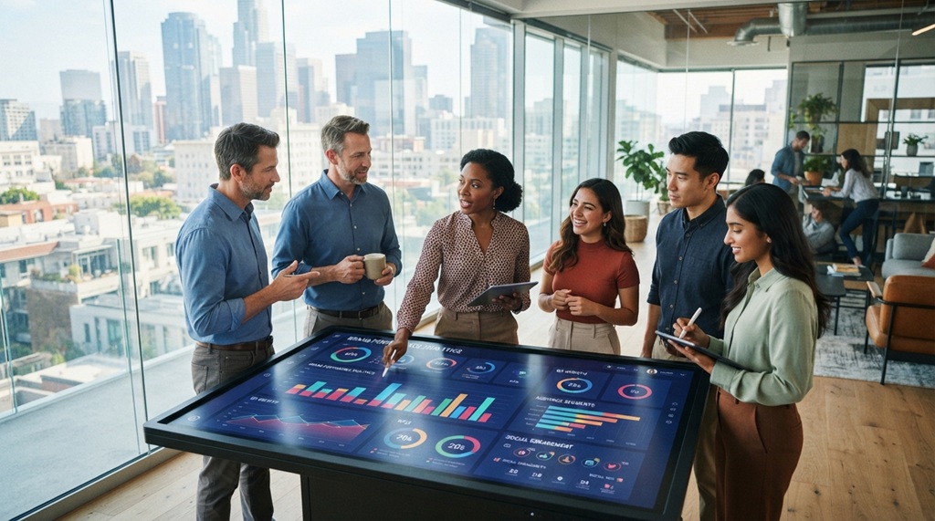 Diverse team reviewing digital brand analytics on an interactive touch screen.