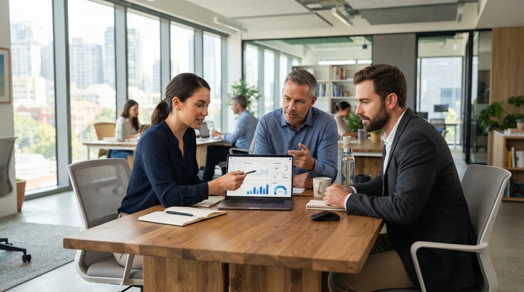 Two men and one woman reviewing software metrics on a laptop inside a modern office.