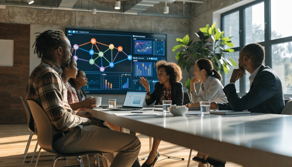 Team evaluating neural network analytics screen inside modern conference room.