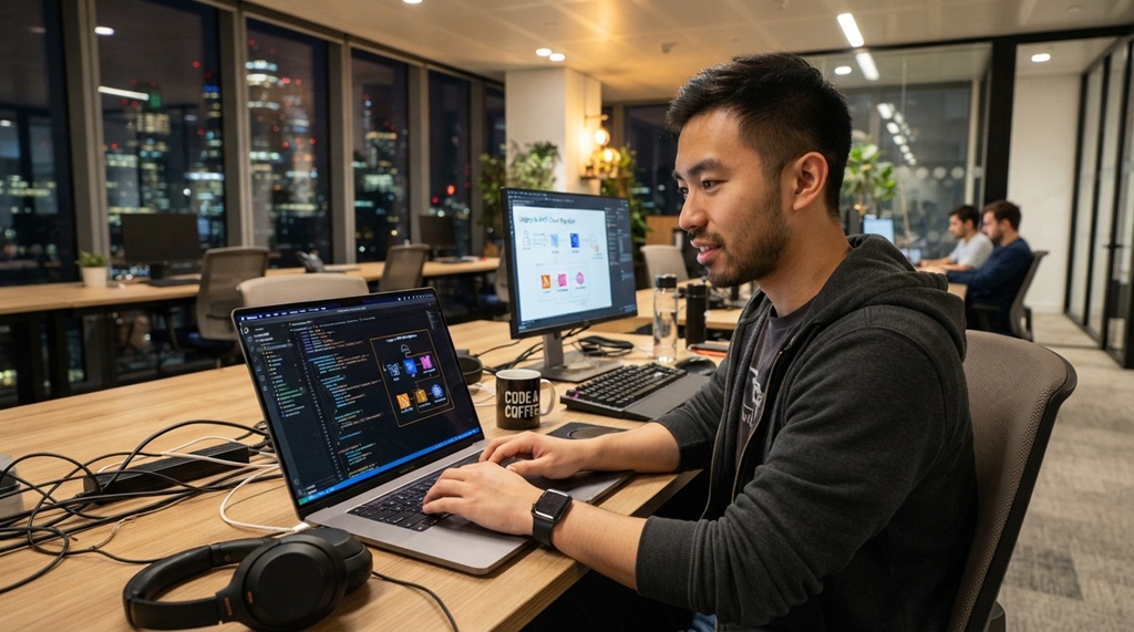 A male software engineer typing on a laptop while setting up cloud enterprise architecture.
