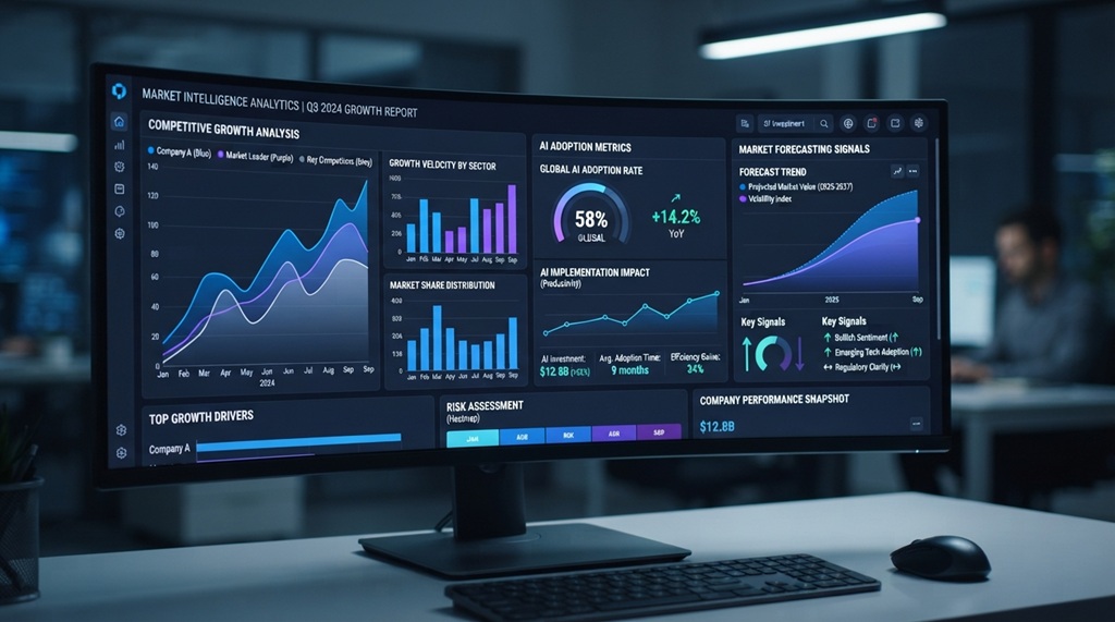 Digital analytics dashboard displaying market growth graphs and technology forecasting metrics.