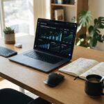 Laptop with financial growth charts and open planning notebook on a wooden desk.