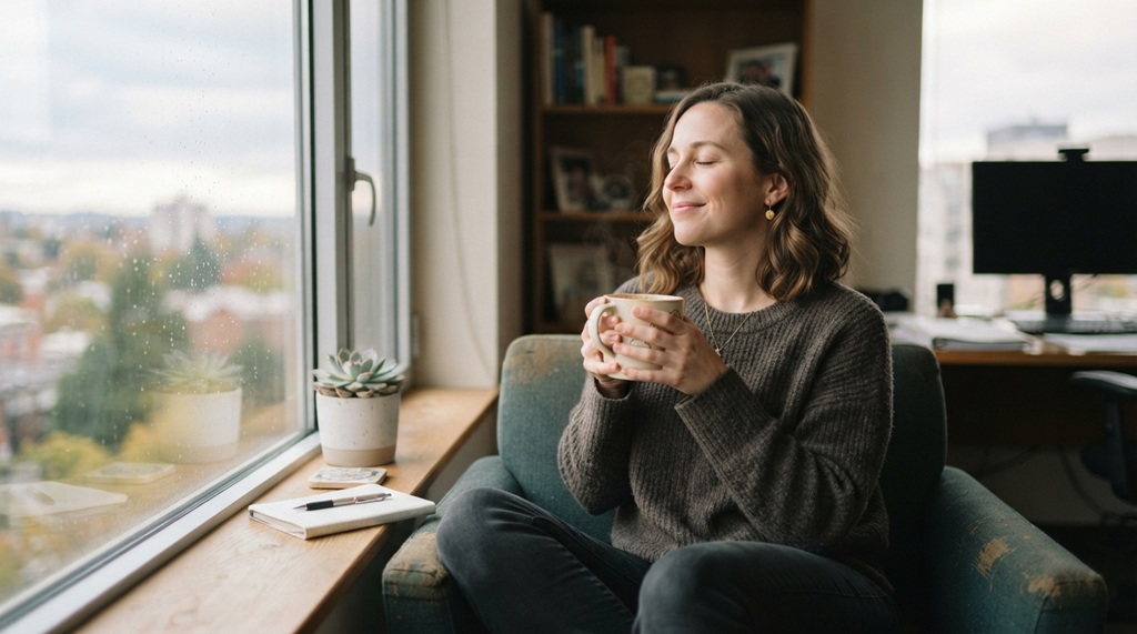 A woman holding a cup of tea near a window during a work break.