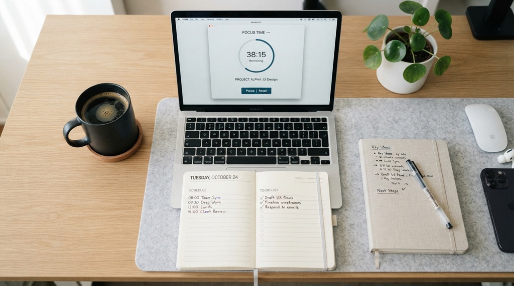 A high angle view of a laptop displaying a timer next to a calendar notebook.