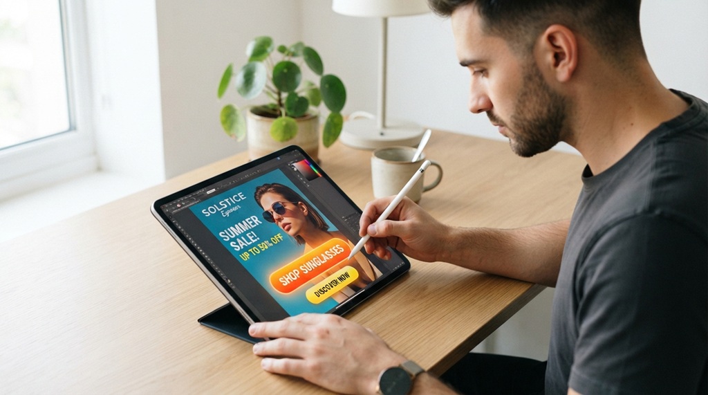 A male designer creating a colorful digital advertisement on a tablet.