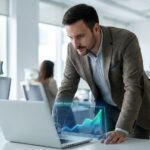 A male marketer analyzing an upward organic traffic chart on his laptop.
