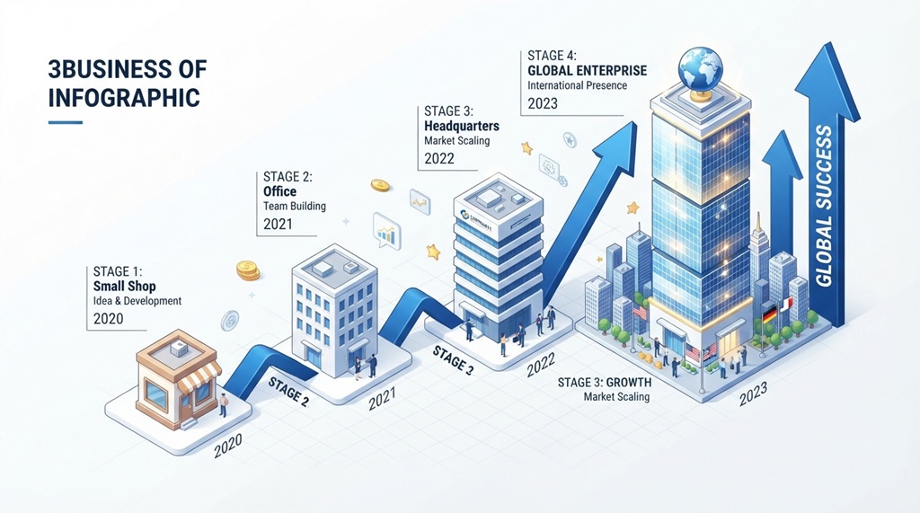 An isometric diagram illustrating company growth from small startup to large corporation.
