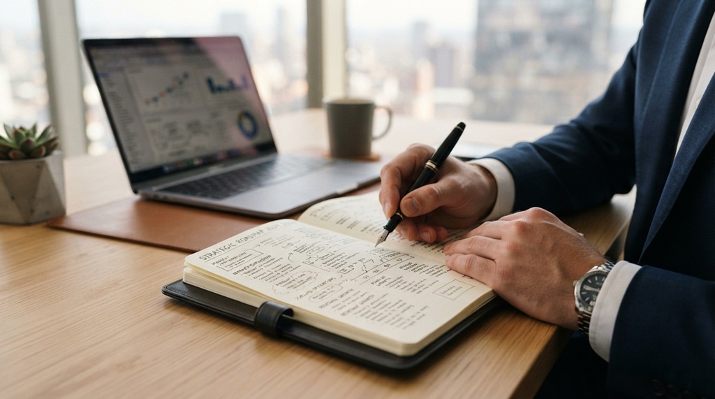 Businessman writing strategic goals notebook workspace setup.