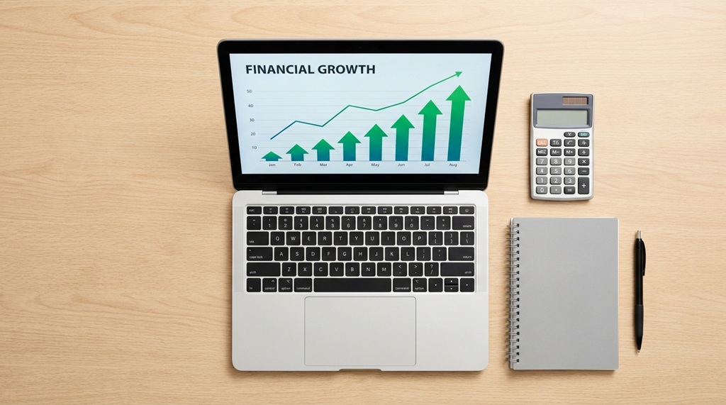A laptop on a clean desk displaying financial growth charts next to a calculator.