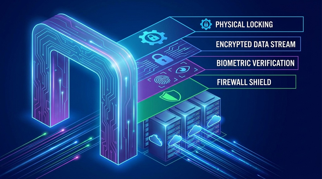 Digital diagram showing multi-layered encryption shielding cloud server infrastructure.
