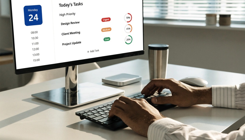 Male hands typing on a keyboard next to a digital automation dashboard.