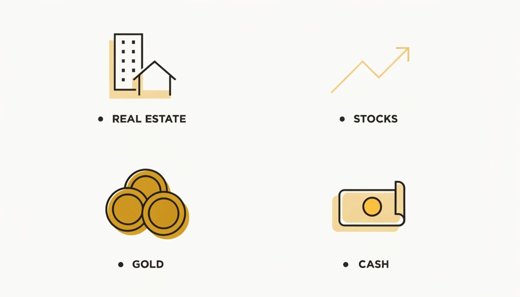 Visual representation of different assets like real estate, stocks, and gold.