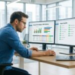 Male analyst reviewing software evaluation charts on dual monitors in a modern office.