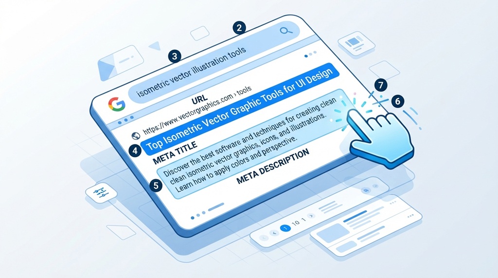 A clean diagram displaying a optimized meta title and description in search results.