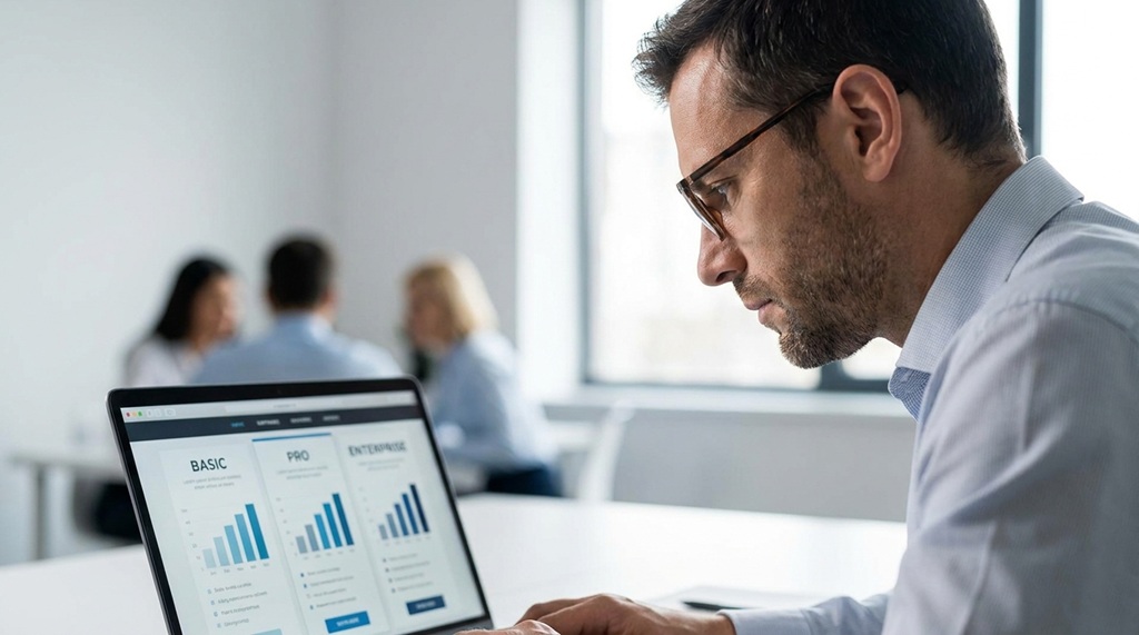 A male business analyst reviewing software pricing options on a laptop screen.