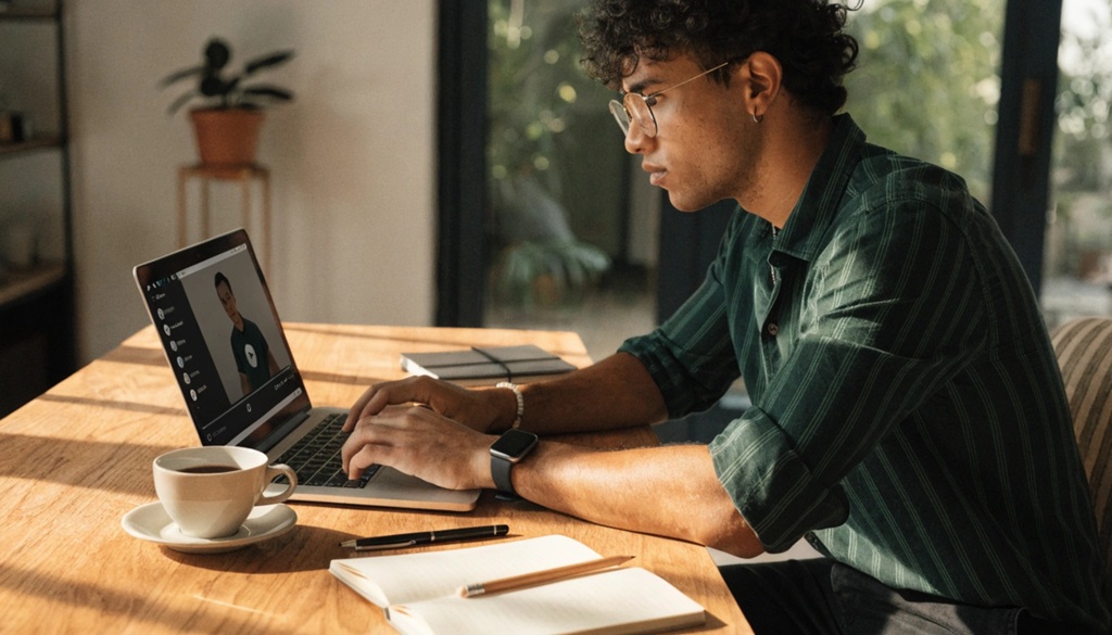 Male professional taking online training course on laptop at desk.