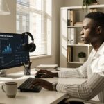 Man sitting at modern desk working on laptop for remote career growth.