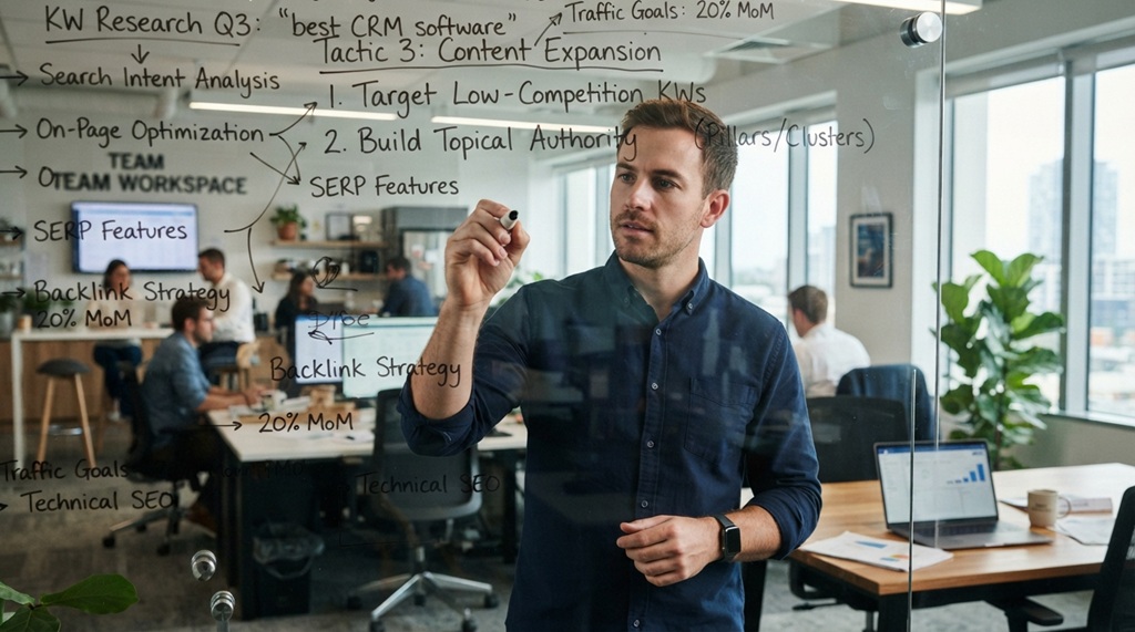 A man writing modern search engine optimization tactics on a whiteboard.