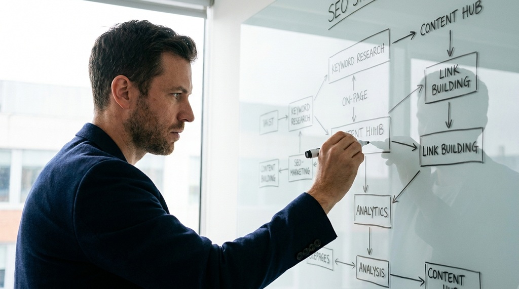 A man drawing a strategic search engine optimization flowchart on a glass wall.