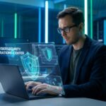 Male IT security analyst monitoring encrypted cloud server network data on laptop.