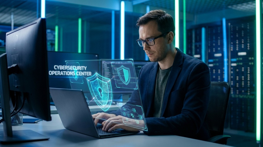 Male IT security analyst monitoring encrypted cloud server network data on laptop.