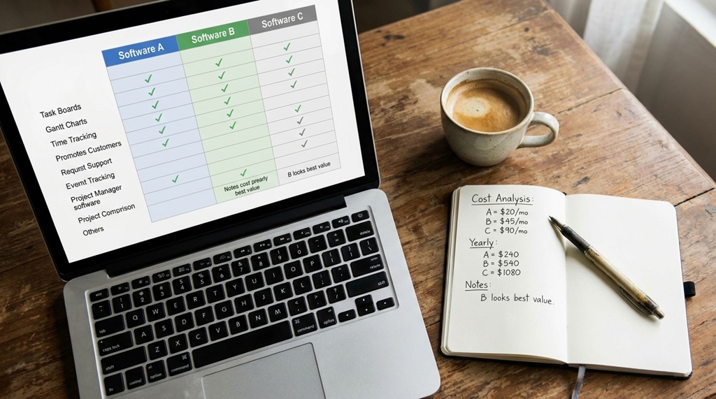 Laptop screen showing software comparison table beside desk notebook and coffee cup.