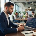 Man working on business plan analytics using laptop in modern office.