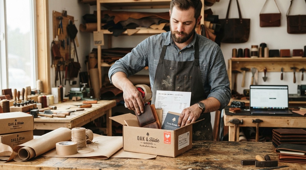 A male artisan packaging leather goods into shipping boxes for customer orders.