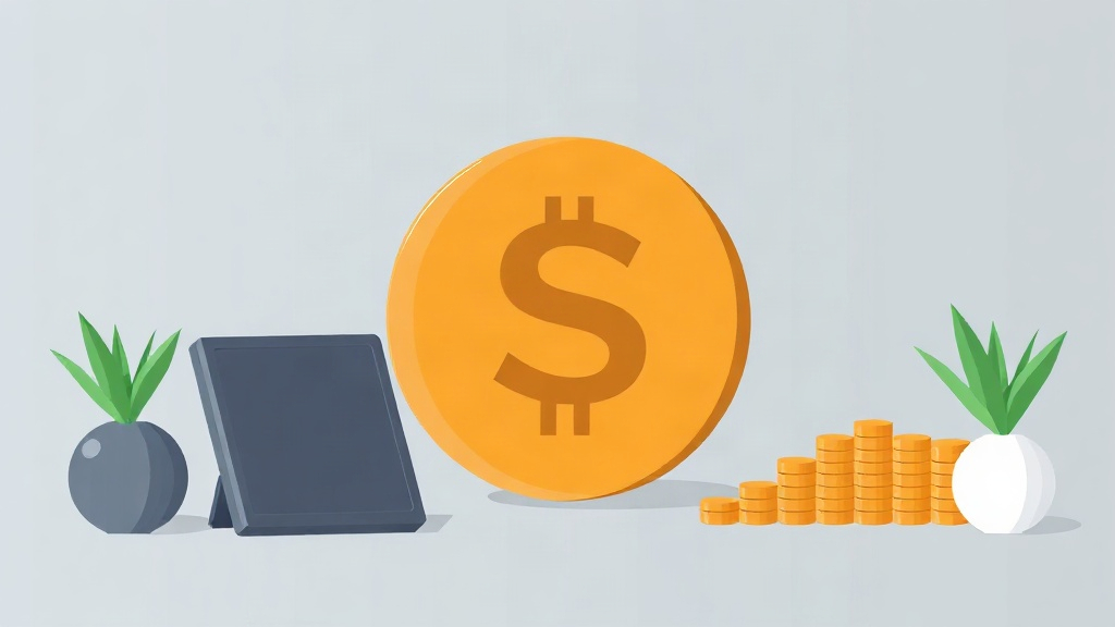 A large dollar coin stands beside a tablet, two potted plants and stacks of coins.