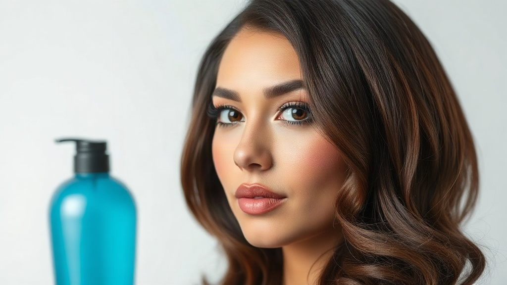 A woman with long, wavy brown hair poses beside a blue pump bottle in a studio.