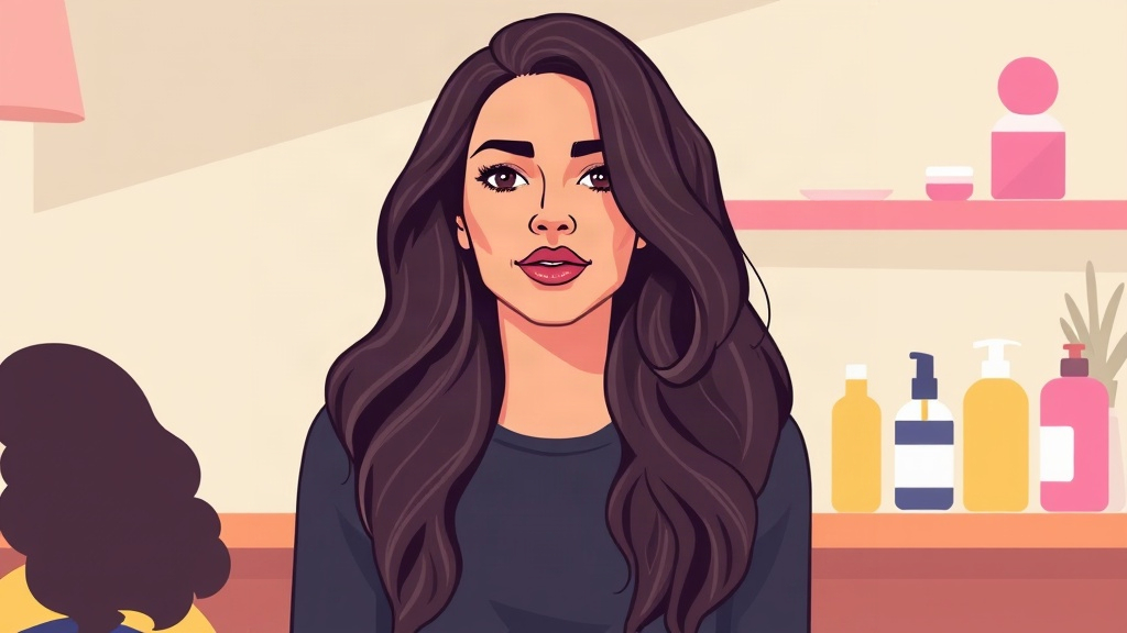 Why there a hair brand matters A woman with long dark wavy hair stands in front of a shelf of bottles.