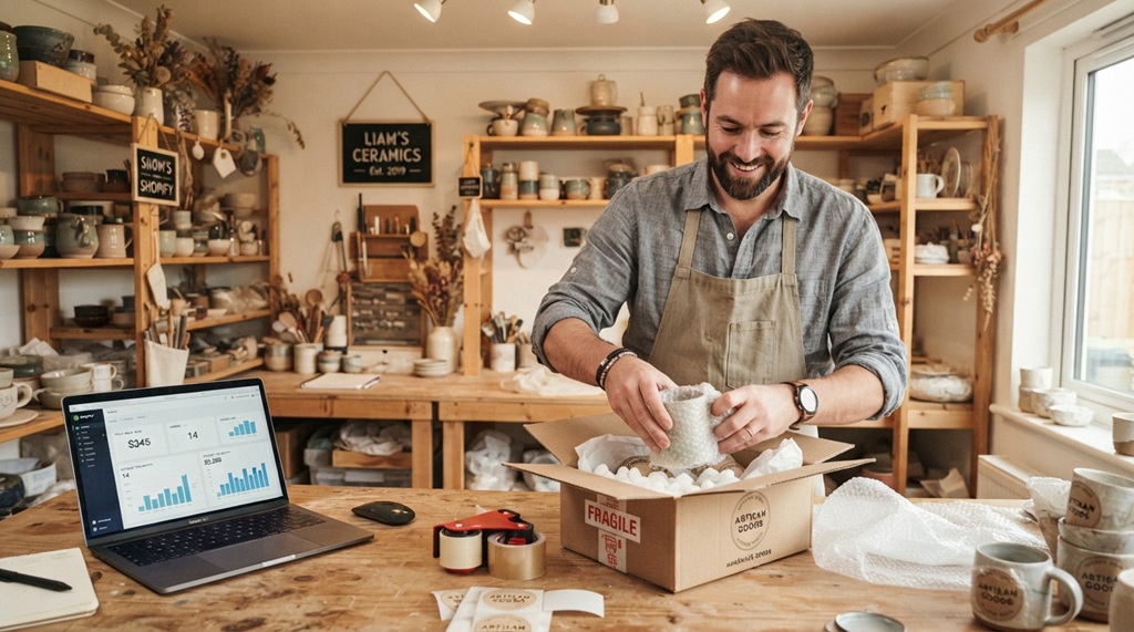 A male entrepreneur packs handmade craft goods into shipping boxes next to a laptop displaying sales numbers.