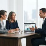 A male founder presents financial growth charts on a laptop to investors in a modern office.