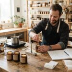 A man hand-pouring soy candles at a tidy workbench with order forms nearby.